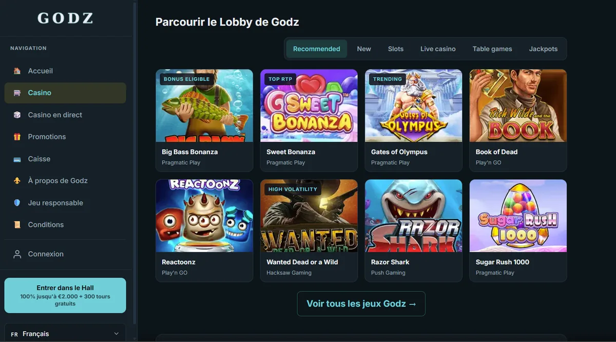 Interface mobile de Godz, jouer casino sur smartphone