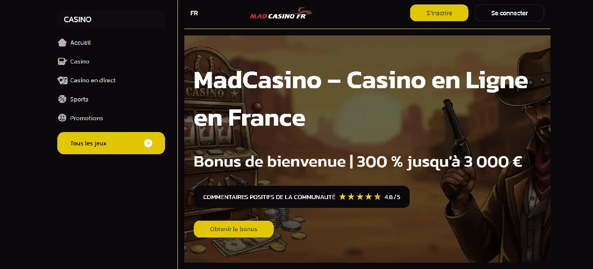 Interface mobile de MadCasino, casino mobile argent réel