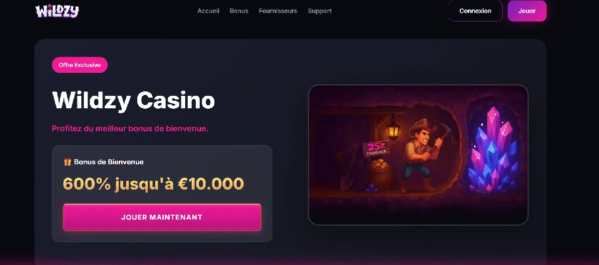 Interface mobile de Wildzy, application casino argent réel
